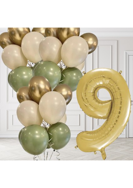 9 Yaş Retro Küf Yeşili Krom Gold Kum Beji Balon Seti Gold Rakam Doğum Günü Balonu Şık Parti Süsleme