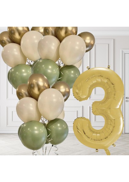 3 Yaş Retro Küf Yeşili Krom Gold Kum Beji Balon Seti Gold Rakam Doğum Günü Balonu Şık Parti Süsleme