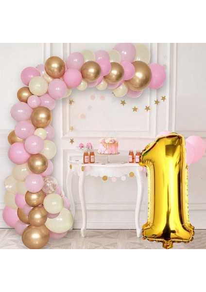 1 Yaş Krom Gold Pastel Pembe ve Beyaz Balon Seti Gold Rakamlı Doğum Günü Balonu Şık Parti Süsleme