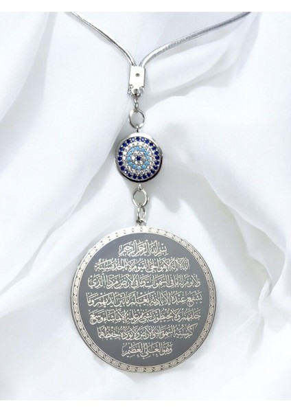 Zirkon Nazarlı Çelik Çift Taraflı Ayetel Kürsi Felak Nas Ihlas Araba Dikiz Ayna Süsü, Plaka 4,5 cm