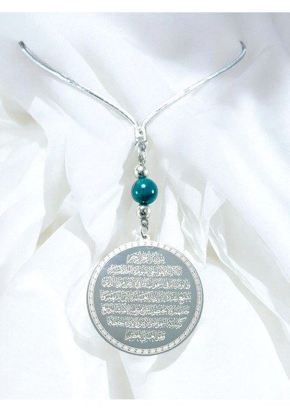 Yeşil Doğal Akik Taşlı Gümüş Renk Çelik Çift Taraflı Ayetel Kürsi Felak Nas Ihlas Araba Ayna Süsü