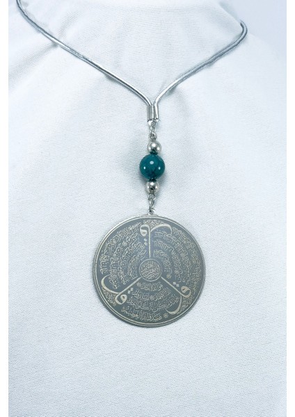 Yeşil Doğal Akik Taşlı Gümüş Renk Çelik Çift Taraflı Ayetel Kürsi Felak Nas Ihlas Araba Ayna Süsü