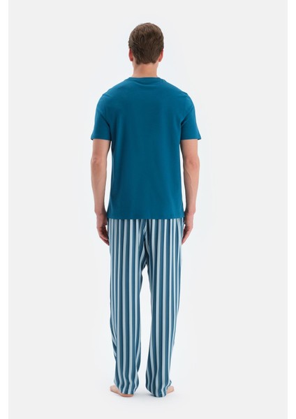 Açık Petrol Baskı Detaylı Kısa Kollu Tişört Pantolon Pijama Takımı