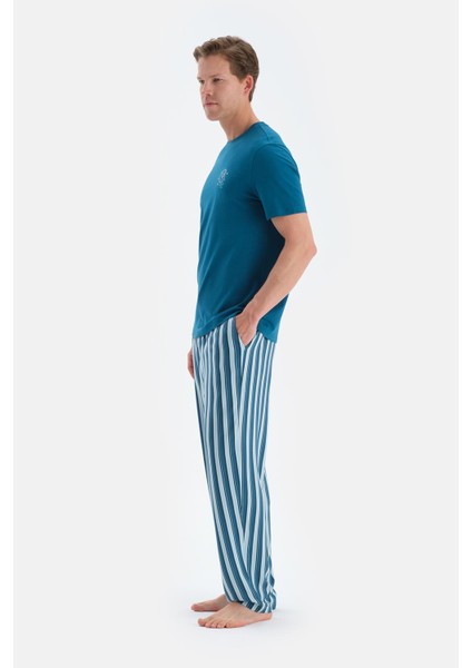 Açık Petrol Baskı Detaylı Kısa Kollu Tişört Pantolon Pijama Takımı