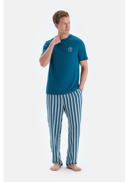 Açık Petrol Baskı Detaylı Kısa Kollu Tişört Pantolon Pijama Takımı