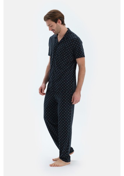 Lacivert Mıkroprınt Baskılı Penye Modal Gömlek Pantolon Pijama Takımı modelleri