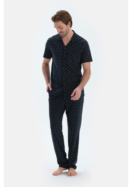 Lacivert Mıkroprınt Baskılı Penye Modal Gömlek Pantolon Pijama Takımı fırsatları