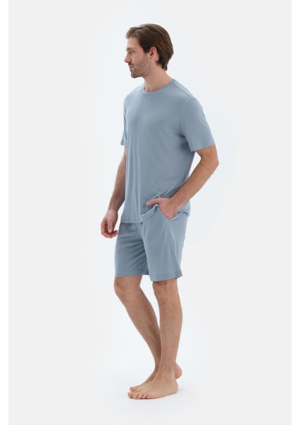 Mavi Dikiş Detaylı Kısa Kollu Tişört Şort Pijama Takımı