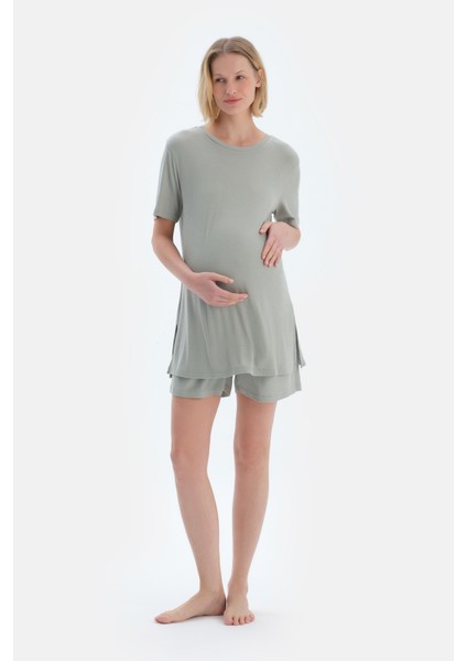 Açık Yeşil Kaşkorse Hamile Tişört Şort Pijama Takımı