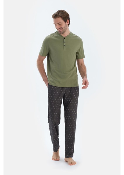 Yağ Yeşili Kısa Kollu Yarım Patlı Tişört Pantolon Pijama Takımı