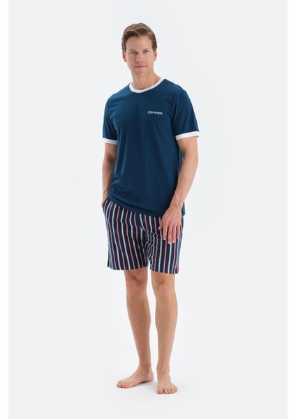 Lacivert Slogan Baskı Detaylı Kısa Kollu Tişört Şort Pijama Takımı