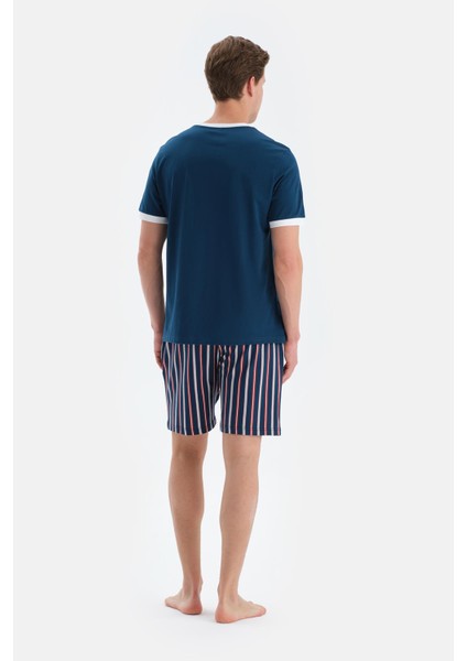 Lacivert Slogan Baskı Detaylı Kısa Kollu Tişört Şort Pijama Takımı