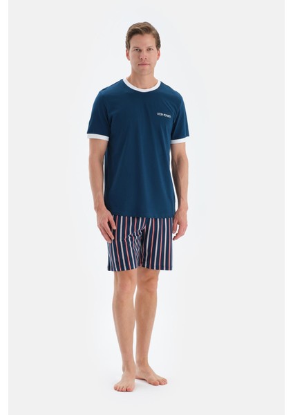 Lacivert Slogan Baskı Detaylı Kısa Kollu Tişört Şort Pijama Takımı