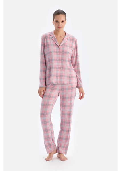 Soft Pembe Soft Ekoseli Termal Gömlek Pantolon Pijama Takımı