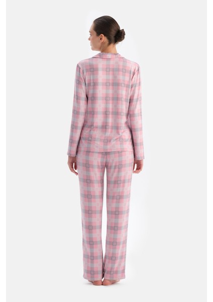 Soft Pembe Soft Ekoseli Termal Gömlek Pantolon Pijama Takımı