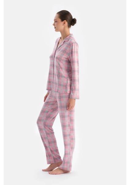 Soft Pembe Soft Ekoseli Termal Gömlek Pantolon Pijama Takımı
