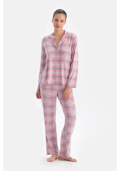 Soft Pembe Soft Ekoseli Termal Gömlek Pantolon Pijama Takımı