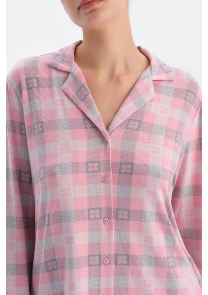 Soft Pembe Soft Ekoseli Termal Gömlek Pantolon Pijama Takımı