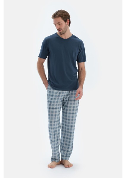 Mavi Ekoseli Penye Modal Basıc Pantolon