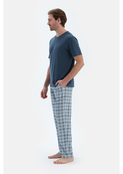 Mavi Ekoseli Penye Modal Basıc Pantolon modelleri