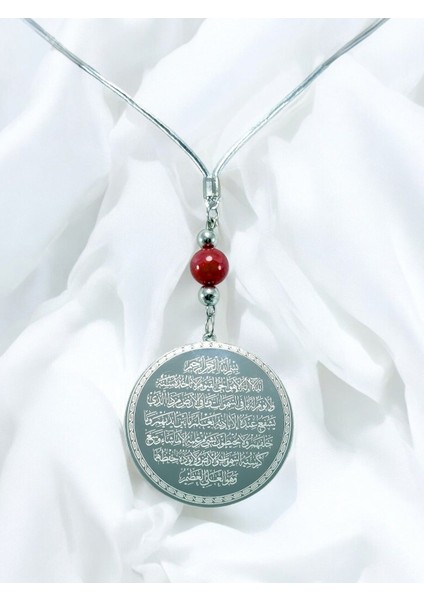 Kırmızı Doğal Akik Taşlı Gümüş Renk Çelik Çift Taraflı Ayetel Kürsi Felak Nas Ihlas Araba Ayna Süsü