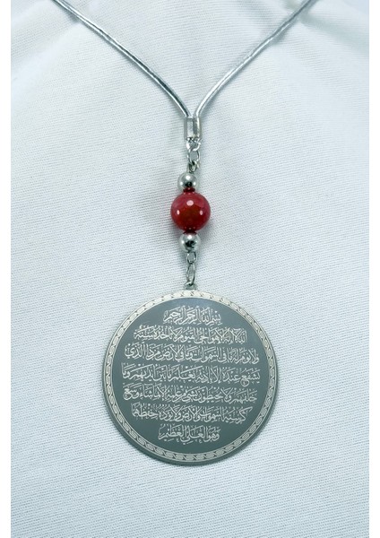 Kırmızı Doğal Akik Taşlı Gümüş Renk Çelik Çift Taraflı Ayetel Kürsi Felak Nas Ihlas Araba Ayna Süsü modelleri