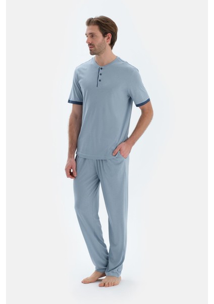 Açık Mavi Kısa Kollu Patlı Basıc Tişört Pantolon Pijama Takımı