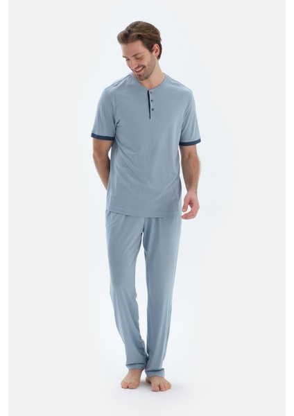 Açık Mavi Kısa Kollu Patlı Basıc Tişört Pantolon Pijama Takımı