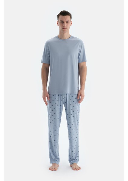 Açık Mavi Etek Ucu Baskılı Kısa Kollu Tişört Pantolon Pijama Takımı