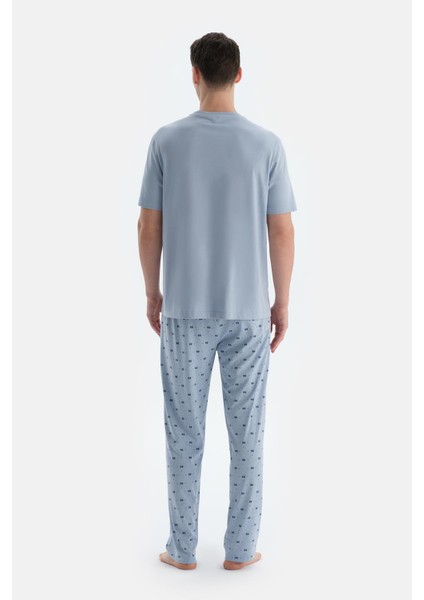 Açık Mavi Etek Ucu Baskılı Kısa Kollu Tişört Pantolon Pijama Takımı fiyatları