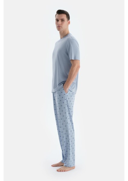Açık Mavi Etek Ucu Baskılı Kısa Kollu Tişört Pantolon Pijama Takımı modelleri