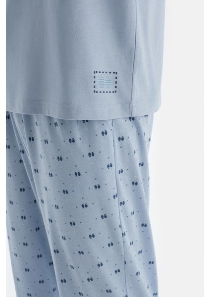 Açık Mavi Etek Ucu Baskılı Kısa Kollu Tişört Pantolon Pijama Takımı fırsatları