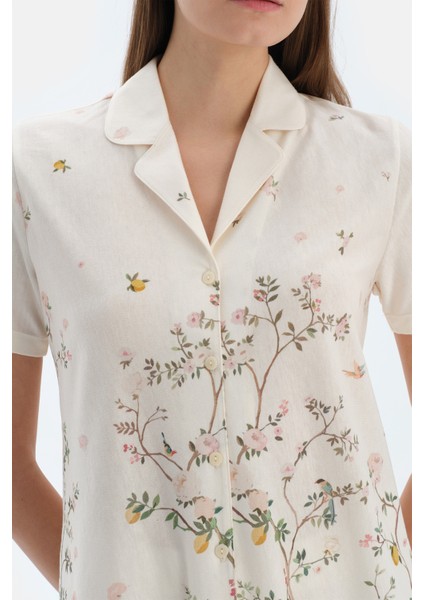 Ekru Çiçek Desenli Gömlek Pantolon Pijama Takımı