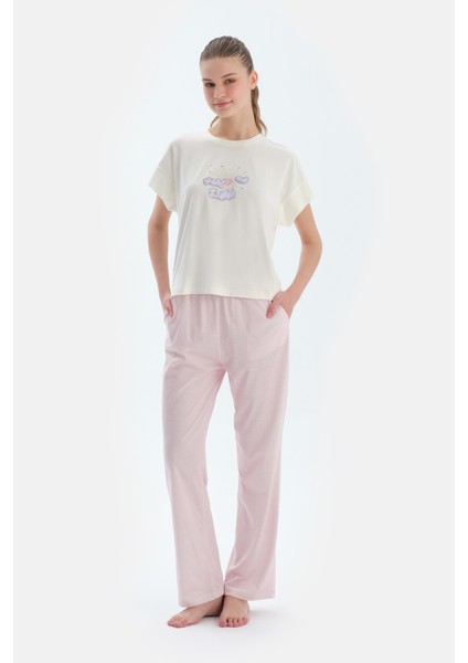 Ekru Baskı Detaylı Kısa Kollu Tişört Pantolon Pijama Takımı