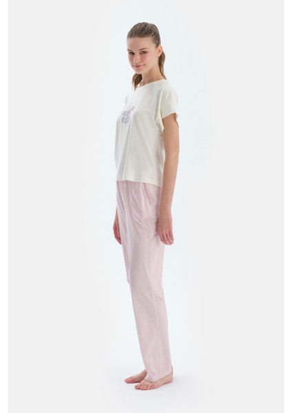 Ekru Baskı Detaylı Kısa Kollu Tişört Pantolon Pijama Takımı