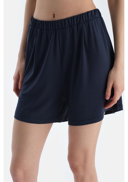 Lacivert Düşük Omuzlu Kısa Kollu Viskon Tişört Şort Pijama Takımı indirimleri