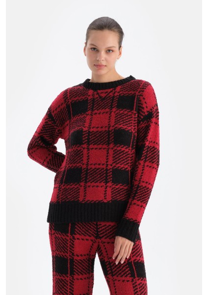 Kırmızı Ekoseli Polar Sweatshırt