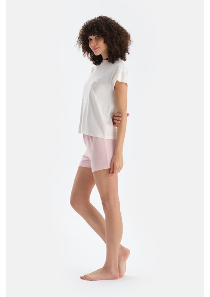 Ekru Baskı Detaylı Kısa Kollu Tişört Şort Pijama Takımı modelleri