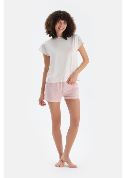 Ekru Baskı Detaylı Kısa Kollu Tişört Şort Pijama Takımı fırsatları