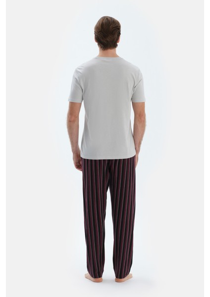 Açık Gri Kısa Kollu Tişört Çizgili Pantolon Pijama Takımı