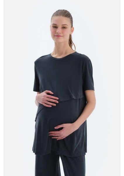 Siyah Kısa Kollu Fonksiyonel Modal Hamile Tişört