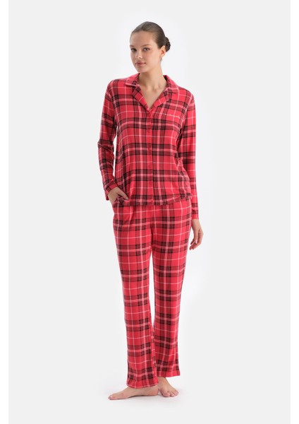 Kırmızı Ekoseli Termal Gömlek Pantolon Pijama Takımı