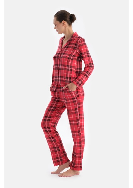 Kırmızı Ekoseli Termal Gömlek Pantolon Pijama Takımı