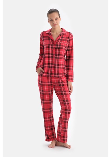 Kırmızı Ekoseli Termal Gömlek Pantolon Pijama Takımı