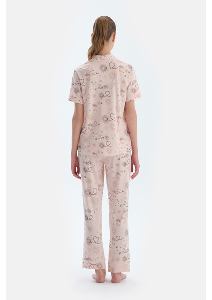 Pembe Metraj Baskılı Penye Modal Gömlek Pantolon Pijama Takımı