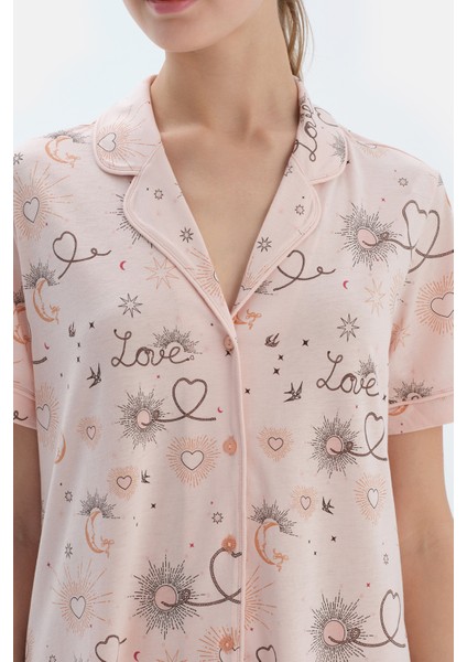 Pembe Metraj Baskılı Penye Modal Gömlek Pantolon Pijama Takımı