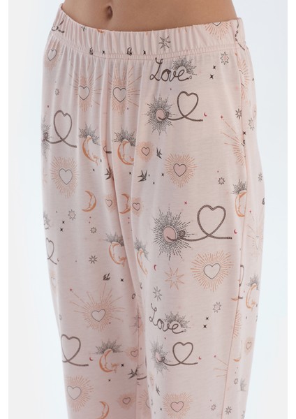 Pembe Metraj Baskılı Penye Modal Gömlek Pantolon Pijama Takımı