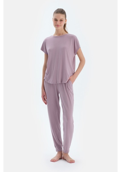 Açık Lila Düşük Kollu Modal Tişört Pantolon Pijama Takımı