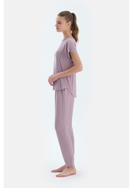 Açık Lila Düşük Kollu Modal Tişört Pantolon Pijama Takımı modelleri