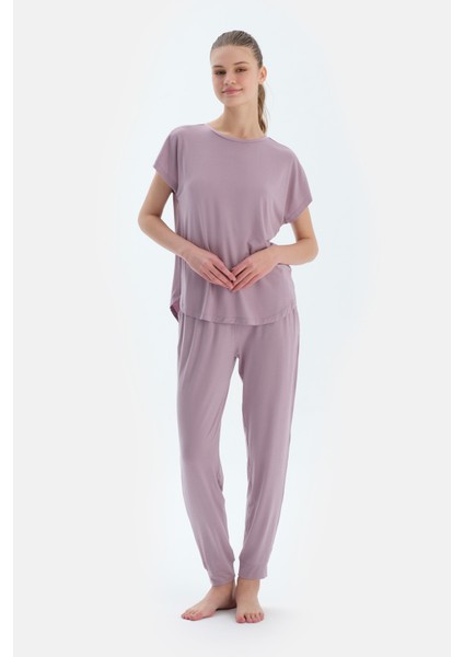 Açık Lila Düşük Kollu Modal Tişört Pantolon Pijama Takımı fırsatları
